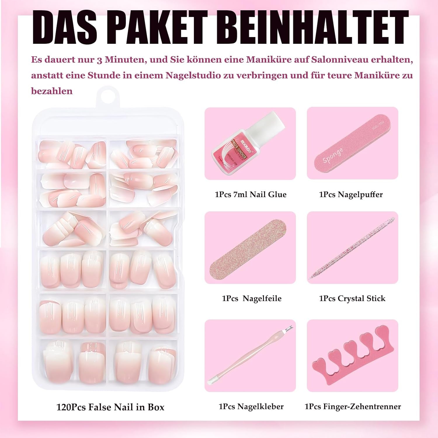 120 pcs faux ongles rose chair avec colle à ongles – 12 tailles courtes ovales carrées à presser – beaux ongles, colle sur ongles artificiels – convient pour la conception d'ongles DIY des femmes (dégradé rose Squaval)