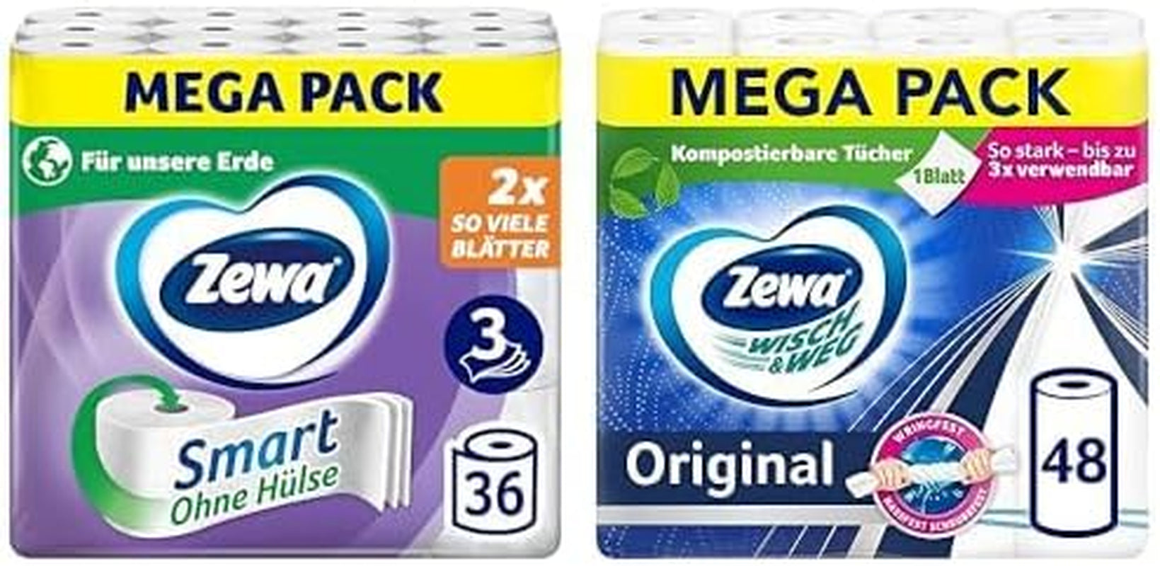 Forfait économique Papier toilette Zewa Smart 36 rouleaux + Zewa Wisch&Weg 48 rouleaux