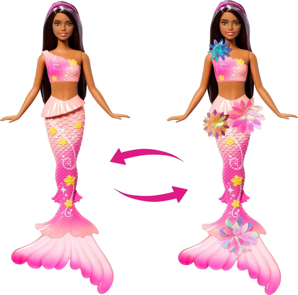 Barbie Meerjungfrauen-Spielzeugpuppe mit magischer Überraschungsblüte, Schwanzflosse mit Farbverlauf, perlenbesetztem Haarreif und langem braunen Haar mit violetten Strähchen, JDM73