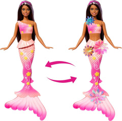Barbie Meerjungfrauen-Spielzeugpuppe mit magischer Überraschungsblüte, Schwanzflosse mit Farbverlauf, perlenbesetztem Haarreif und langem braunen Haar mit violetten Strähchen, JDM73