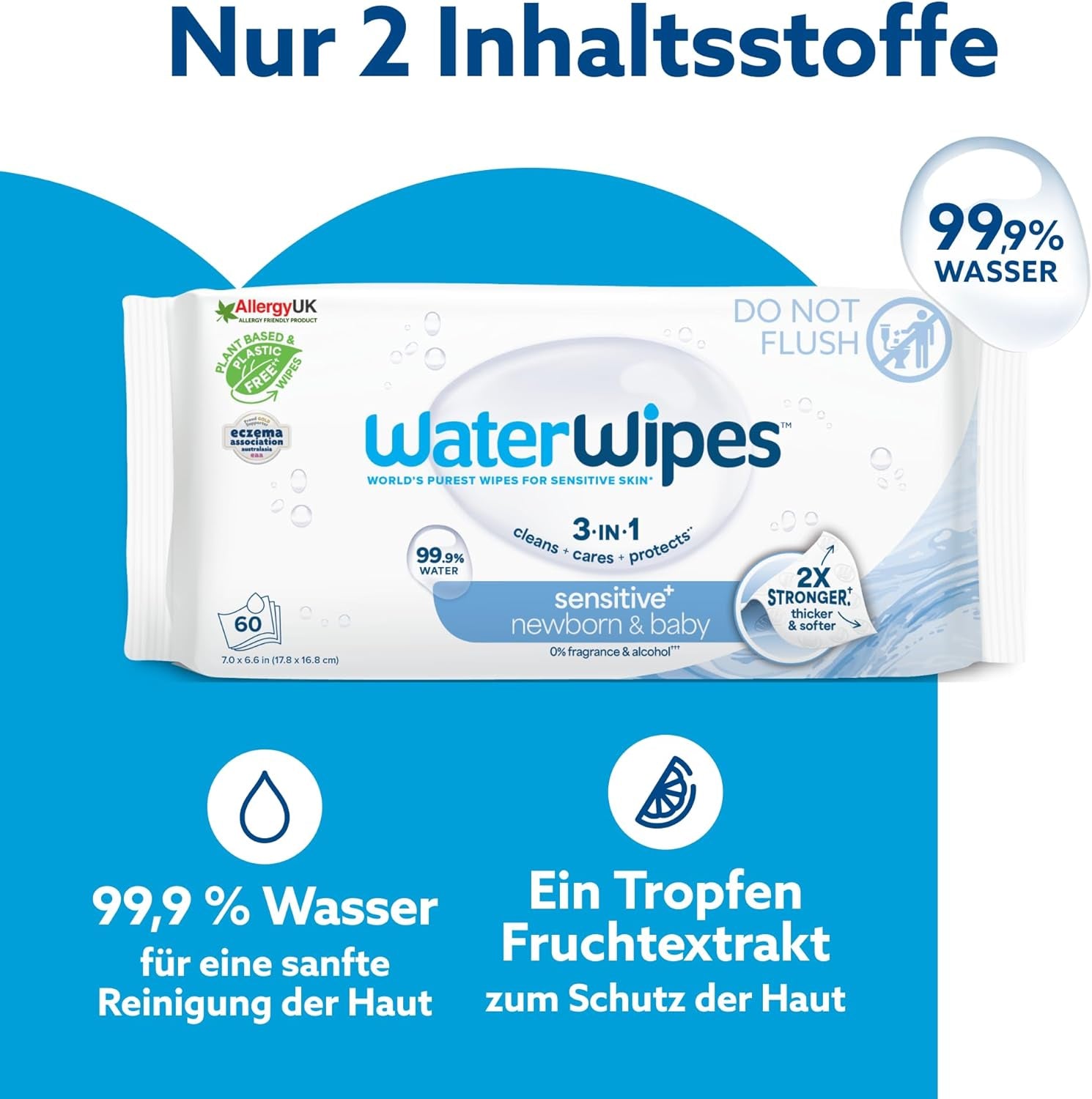 WaterWipes Sensitive+ Lingettes humides pour nouveau-nés et bébés, 540 pièces (9 paquets), nettoyage 3 en 1, entretien, protection, 99,9 % d'eau, sans parfum