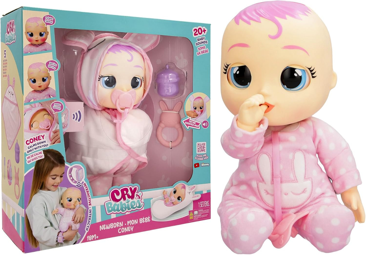 Cry Babies Magic Tears Newborn Coney-Deluxe poupée interactive nouvelle poupée avec un brassard magique, le vrai bébé est là pour bébé. -Jouets cadeaux pour les enfants à partir de 18 mois