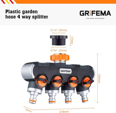 Distribuitor GRIFEMA cu 4 căi, racord de apă de 3/4 inch și 1/2 inch, 4 dispozitive pot fi conectate simultan, debit de apă reglabil, portocaliu/negru