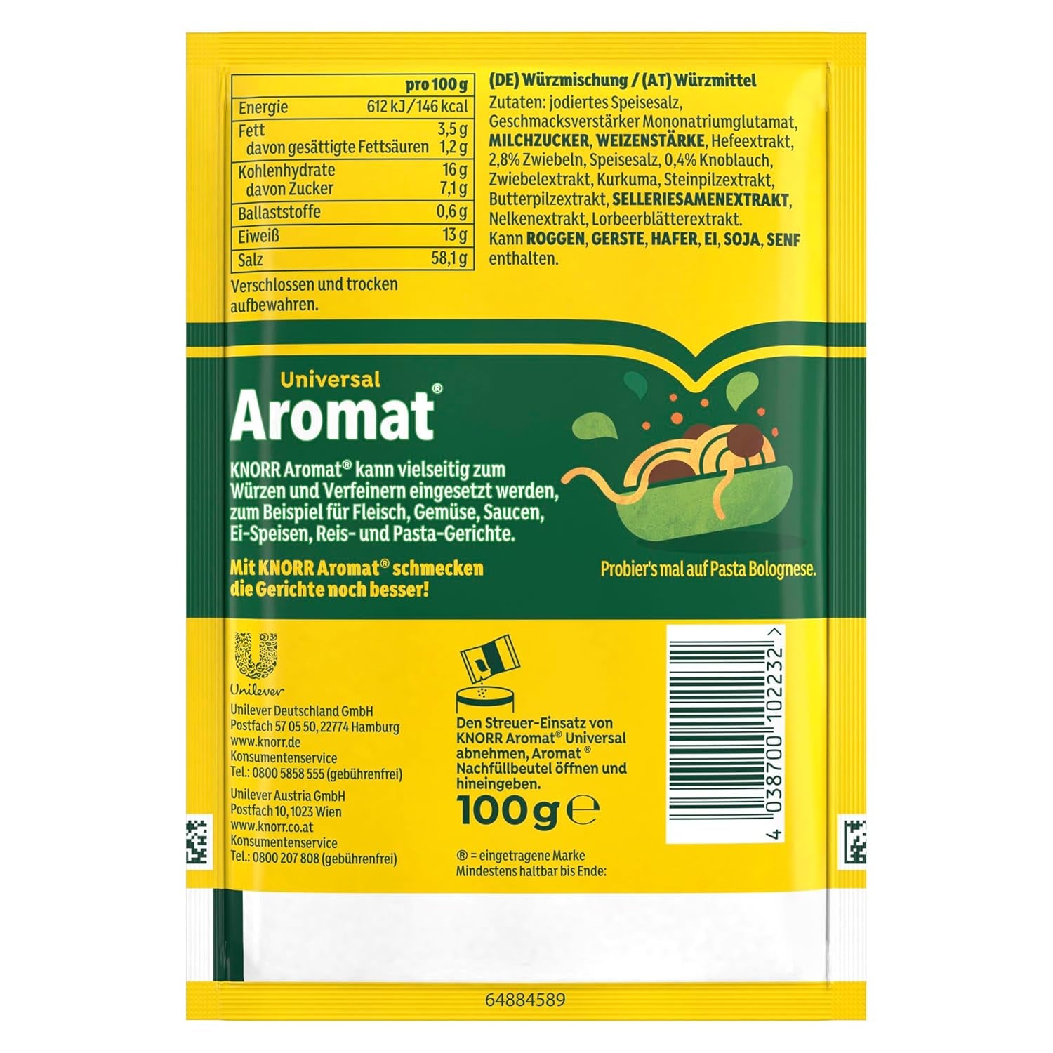 Knorr Würzmittel Nachfüllpackung Aromat Gewürzmischung zum Verfeinern von Speisen für schnelle Gerichte 100 g 1 pièce