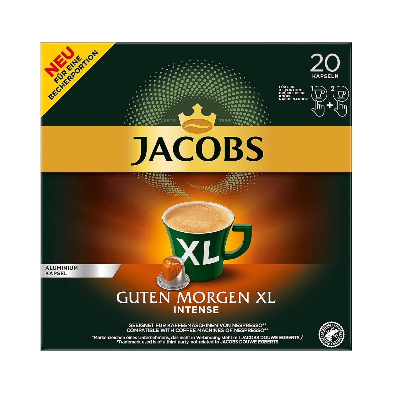 Jacobs Kaffeekapseln Guten Morgen XL Intense - 10er Pack (10 x 20 Getränke) & Kaffeekapseln Lungo Decaffeinato - Intensität 6- 200 Nespresso compatible Kapseln, 10er Pack, 10 x 20 Getränke