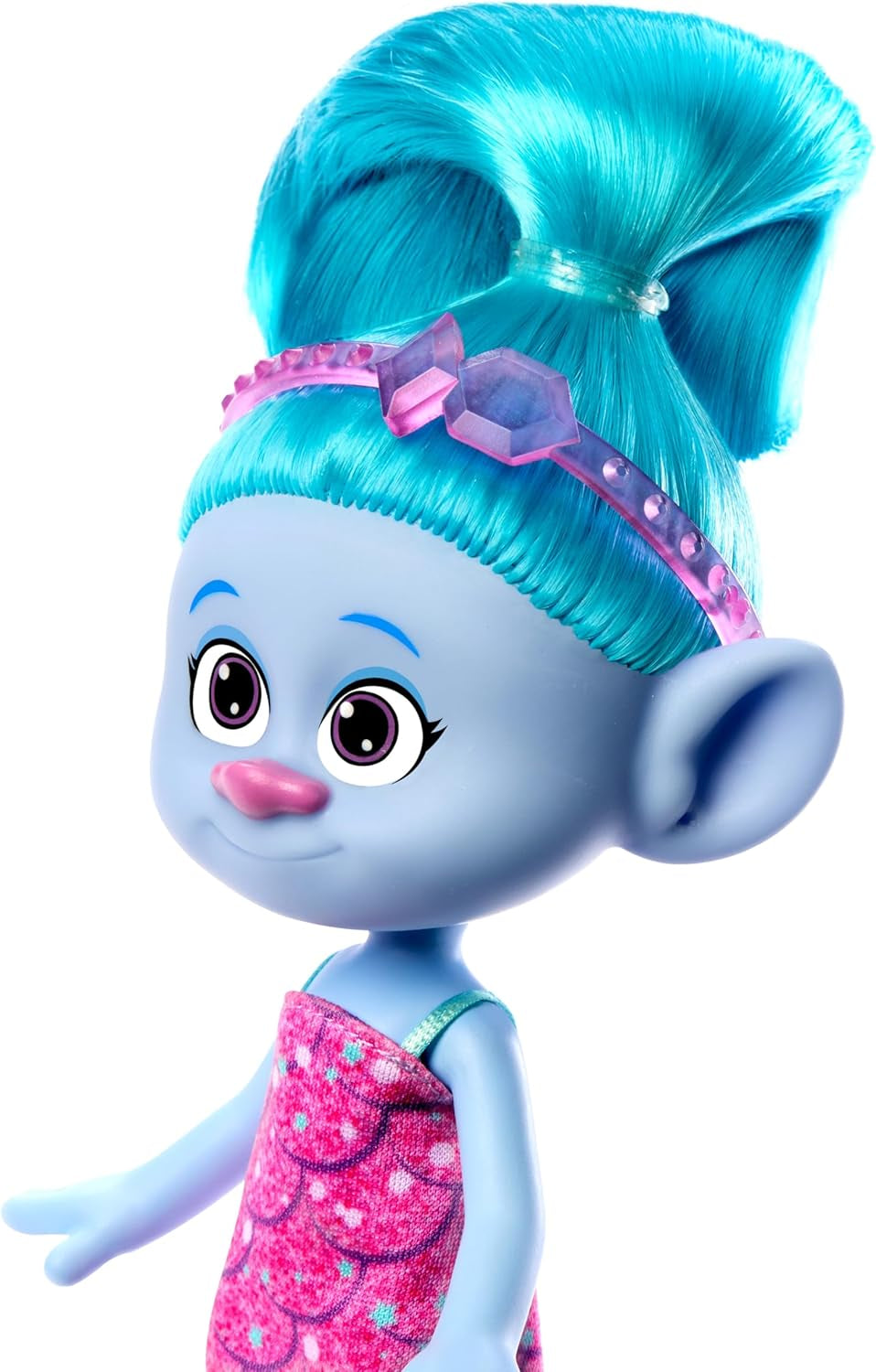 Mattel DREAMWORKS TROLLS Gemeinsam Stark – Poupées en chenille à poils longs avec couleur bleu clair Cheveux pour style, lila Stirnband, pour enfants de 3 ans, HNF15