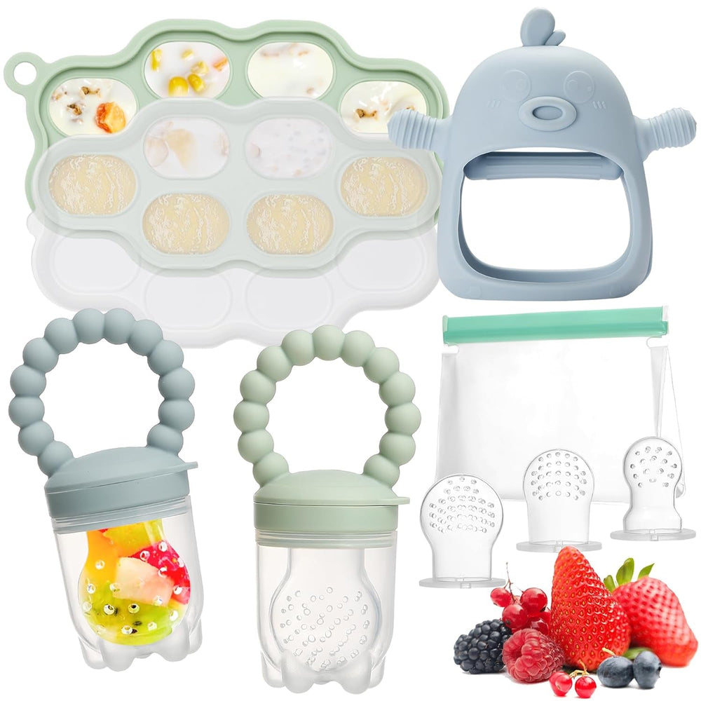 Mangeoire à lait maternel pour bébé, mangeoire à fruits, contient 2 mangeoires à fruits en silicone, stockage des aliments pour bébé, jouet de dentition pour bébé, 5 tétines en silicone en 3 tailles, sans BPA (bleu et rose)