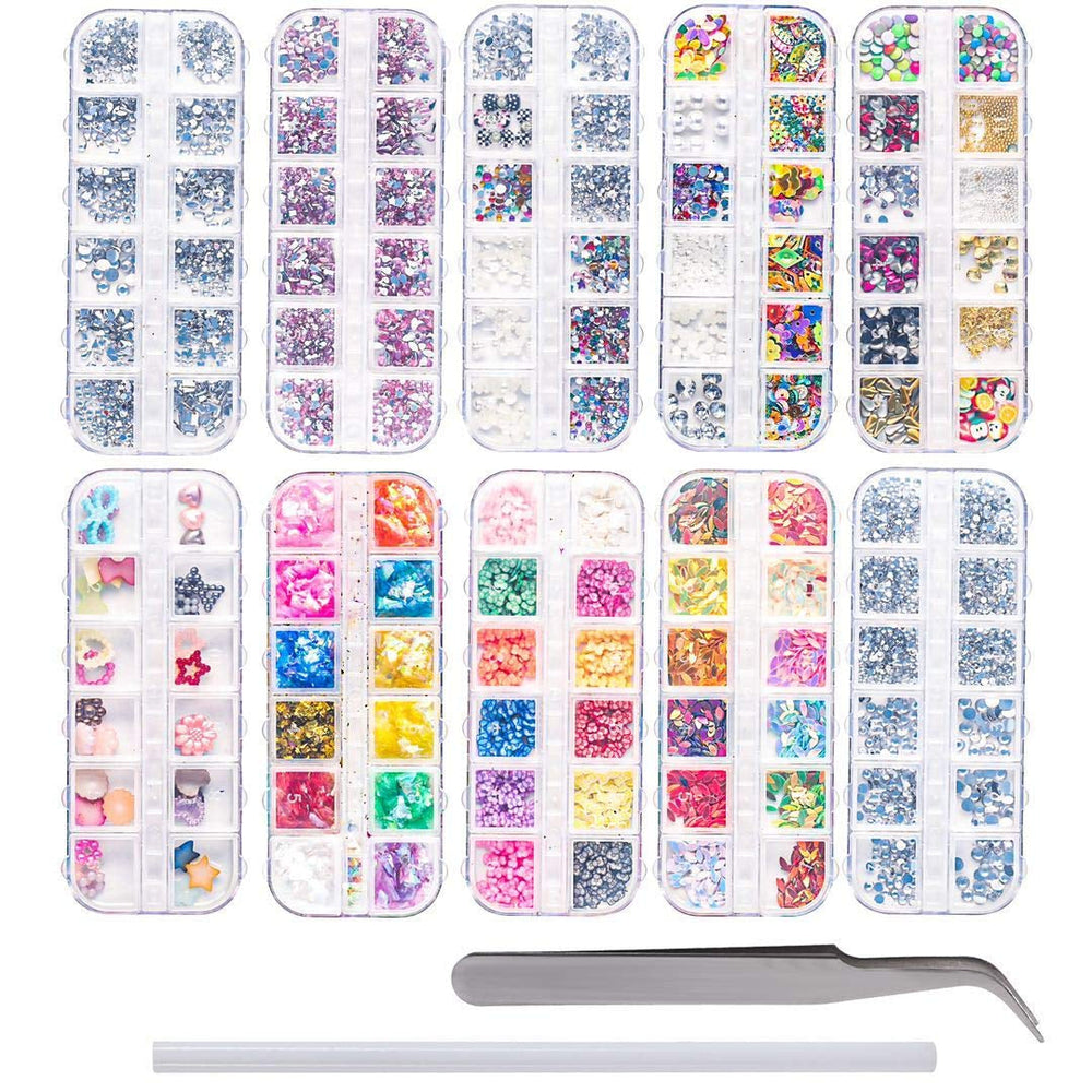 Kit de 10 boîtes de strass pour ongles, accessoires multifonctionnels avec 1 pince à épiler, diamants décoratifs, cristaux, perles, pierres précieuses, colorés, mélangés, yeux de cheval, pierres métalliques, pour décorations DIY Nail Art