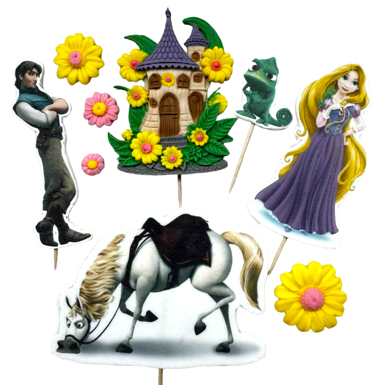 Raiponce – Lot de 9 figurines comestibles en pâte à sucre (1–10 cm) pour gâteaux