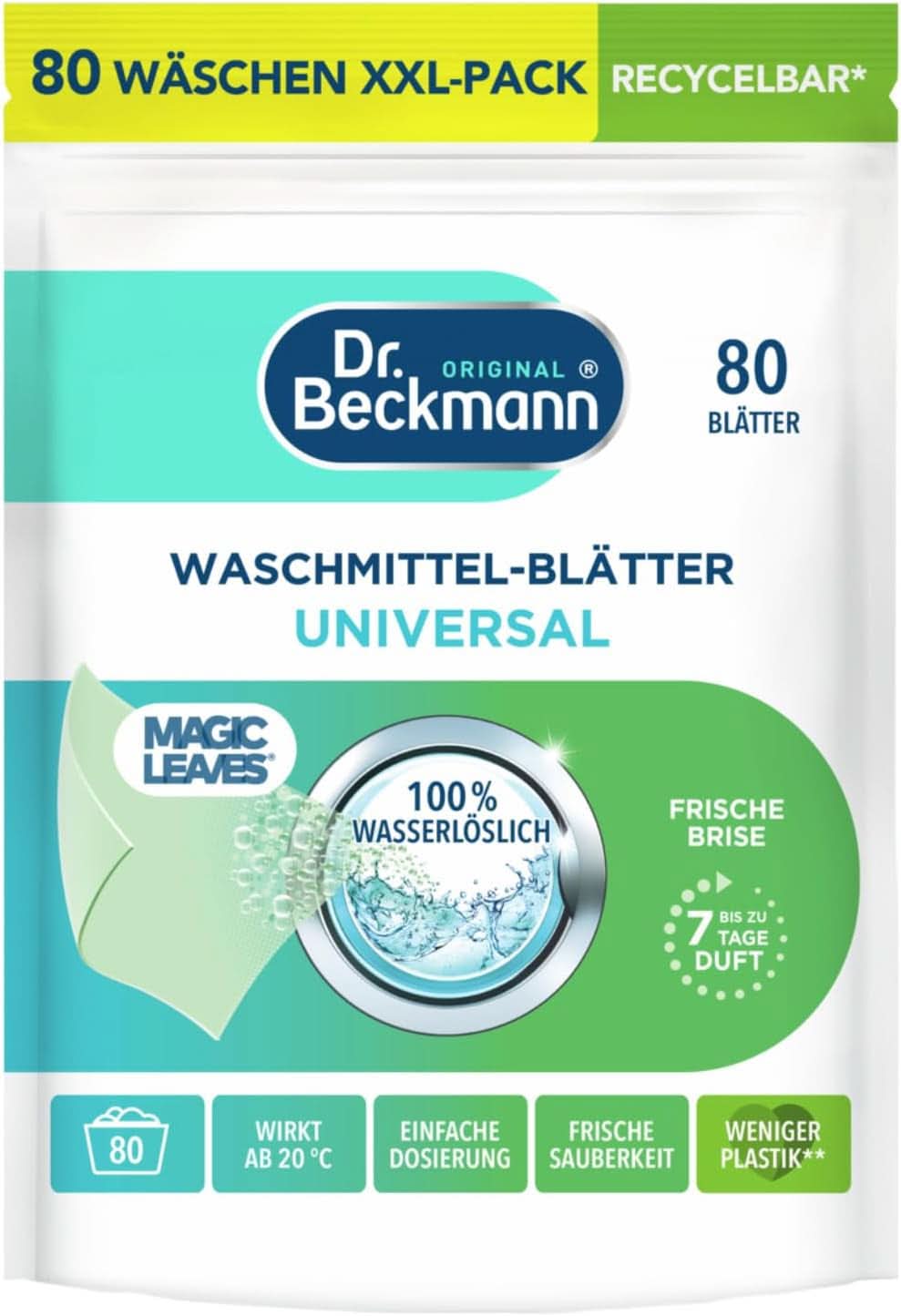 Feuilles détergentes Dr Beckmann MAGIC LEAVES COLOR | Feuilles de lavage prédosées et solubles dans l'eau | Gain de place et facile à utiliser | 25 feuilles Naty Shop Détergent à lessive 80 pièces Universel