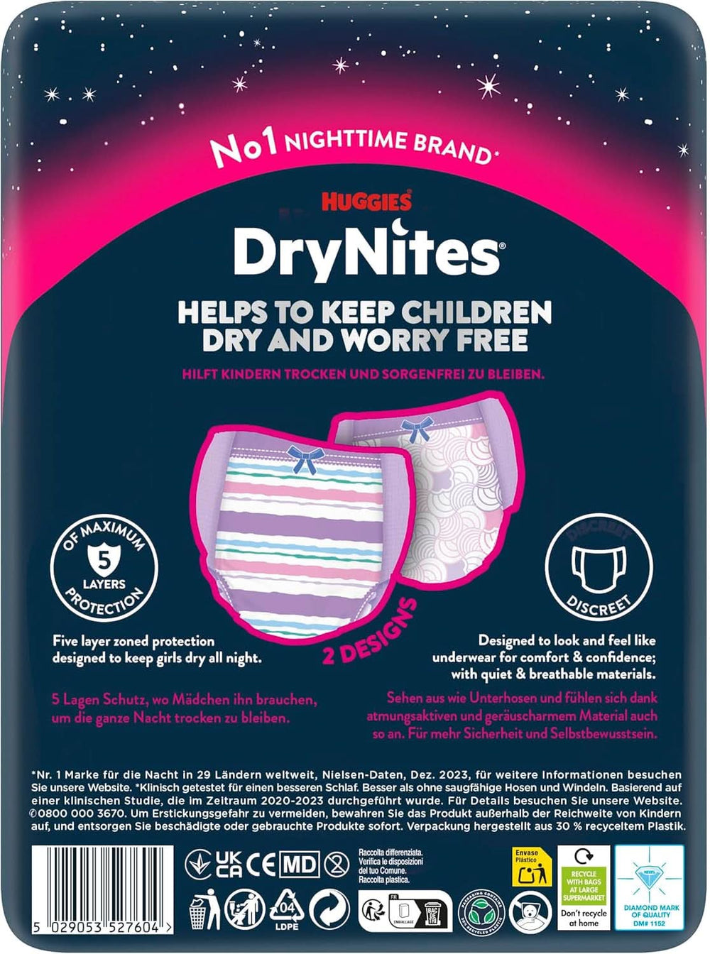 Couches de nuit Huggies Drynites, Pour filles 8-13 ans (30-48 kg), Très absorbantes, 9 pcs Mère et Enfant Naty Shop