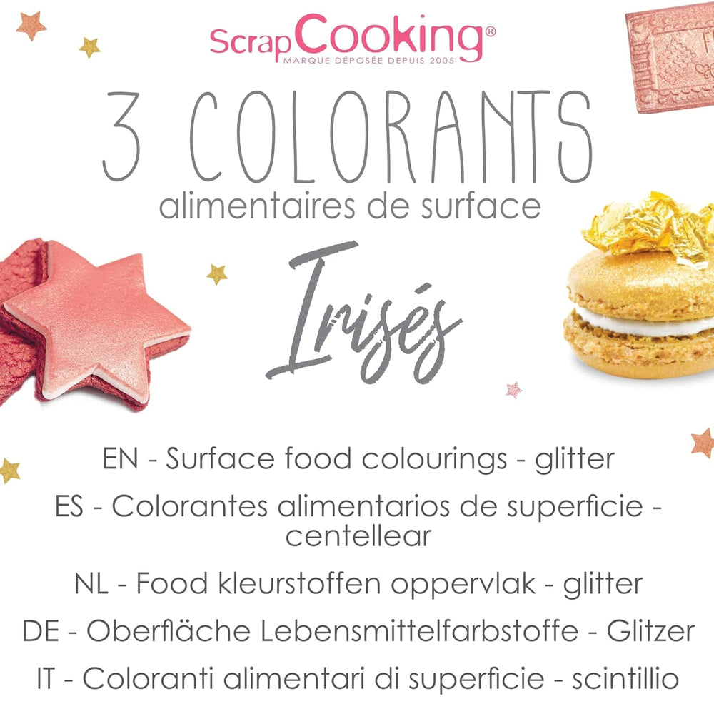 Scrapcooking - Lot de 3 Colorants Alimentaires Métallisés - Colorants Alimentaires : Or, Or Rose et Rubis - Colorant Alimentaire Comestible pour Pâtisserie, Gâteaux, Biscuits, Gâteaux, Chocolat - 4019