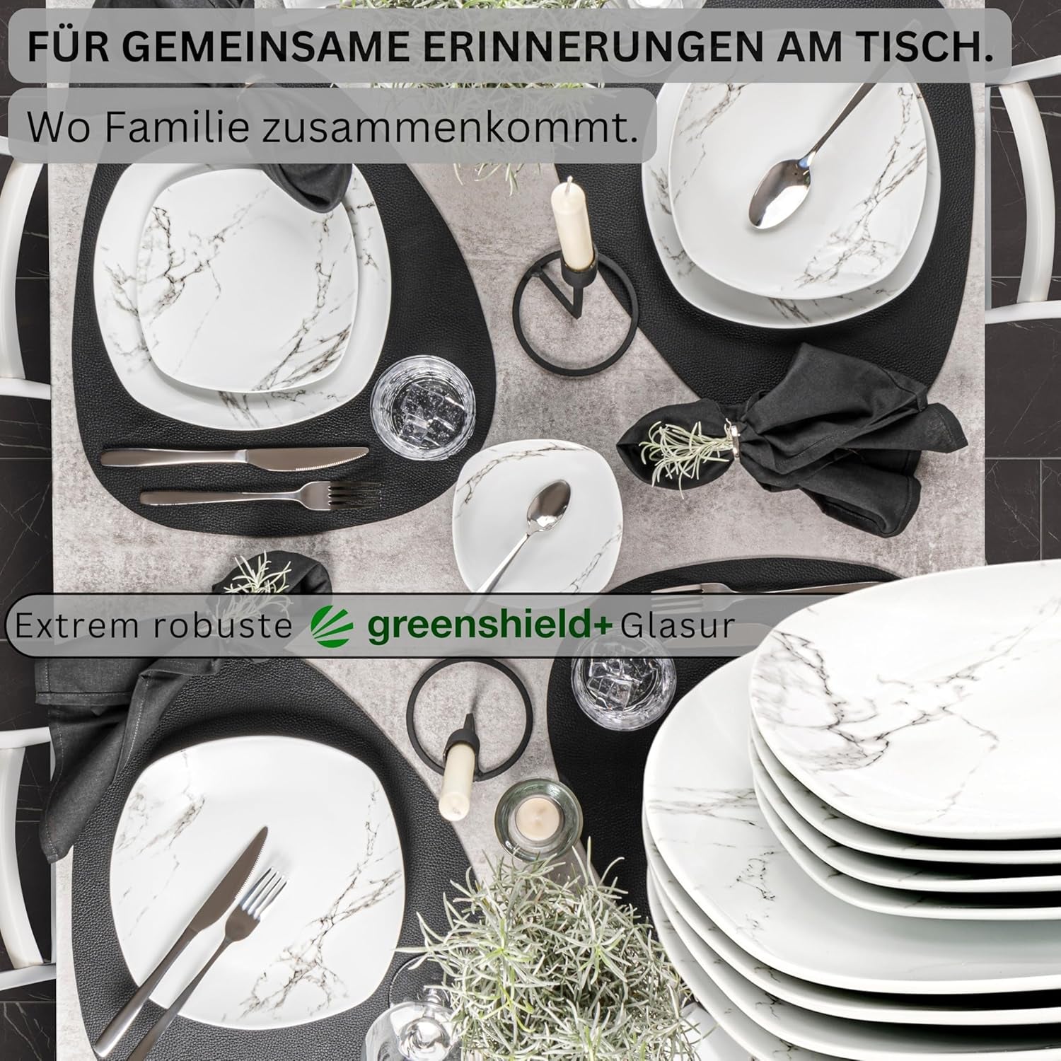 SANGER | Service de table combiné en marbre Bilgola, service de table 36 pièces pour 6 personnes avec assiettes plates, assiettes à dessert, assiettes Suma, bols à céréales, assiettes à café et soucoupes en porcelaine, carré | LA COLLECTION PREMIUM