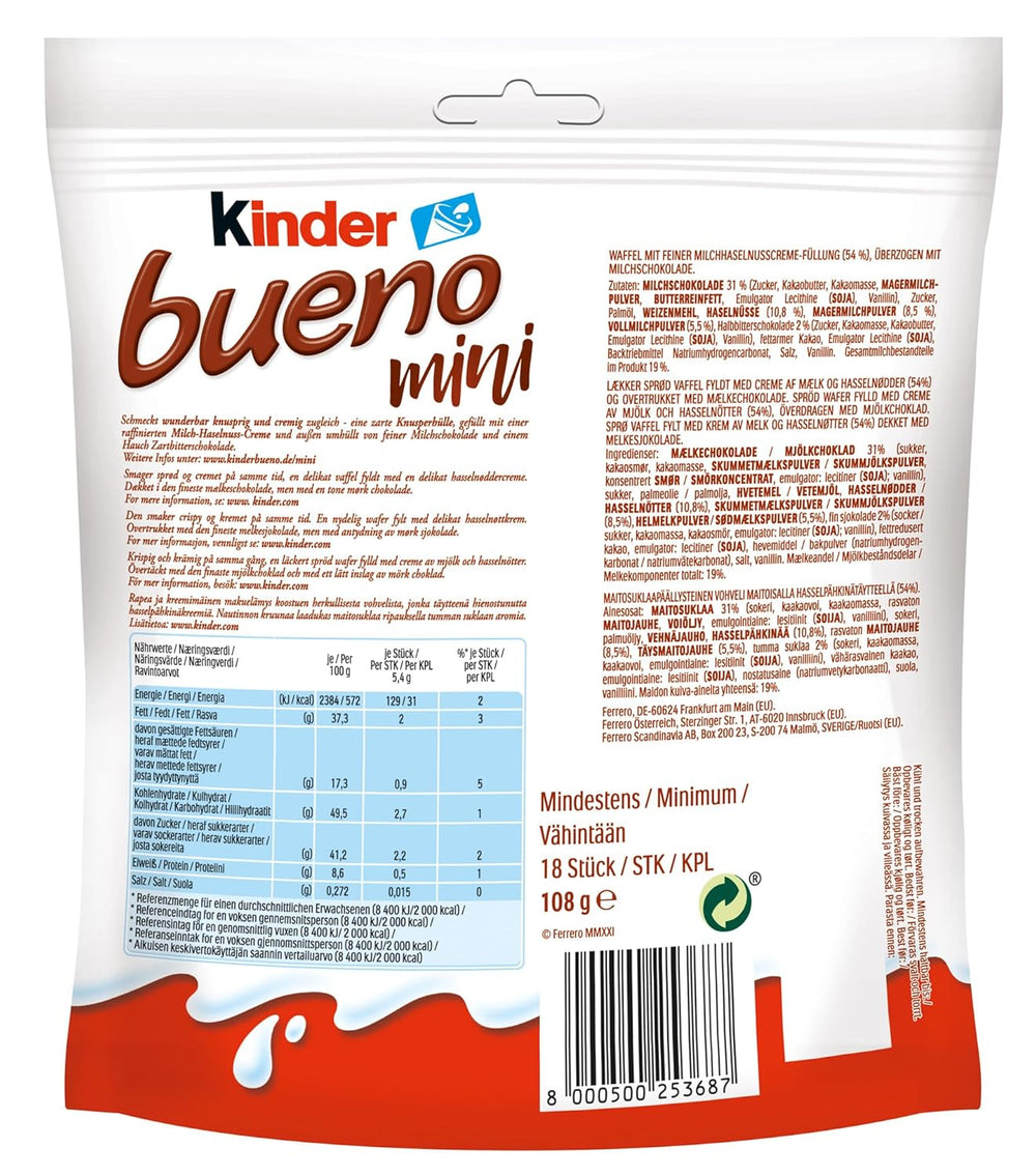 Kinder Bueno Mini - Gaufrettes croquantes au chocolat, crème de lait et noisettes et chocolat au lait fin - Friandises de carnaval - 1 sachet de mini barres emballées individuellement (1 x 108 g)