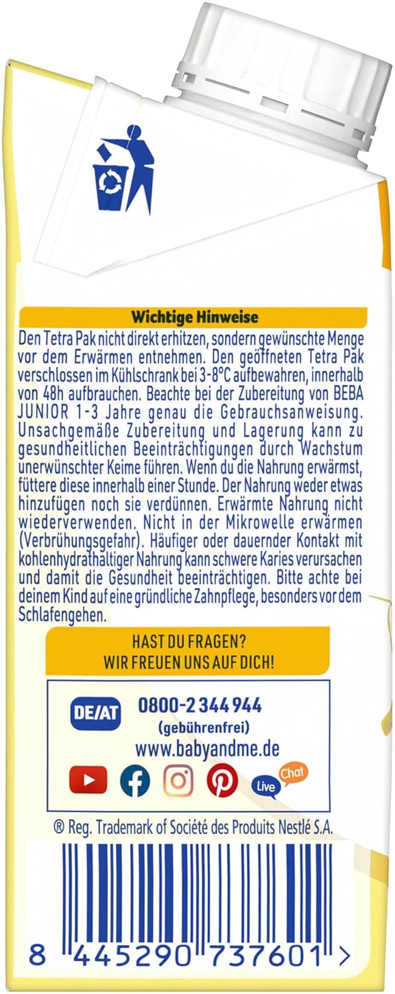 BEBA Junior Boisson lactée prête à boire 1-3 ans, avec HMO, teneur en protéines adaptée à l'âge, sans huile de palme, sans huile de poisson, nourriture pour tout-petits, paquet de 6 (6 x 200 ml)