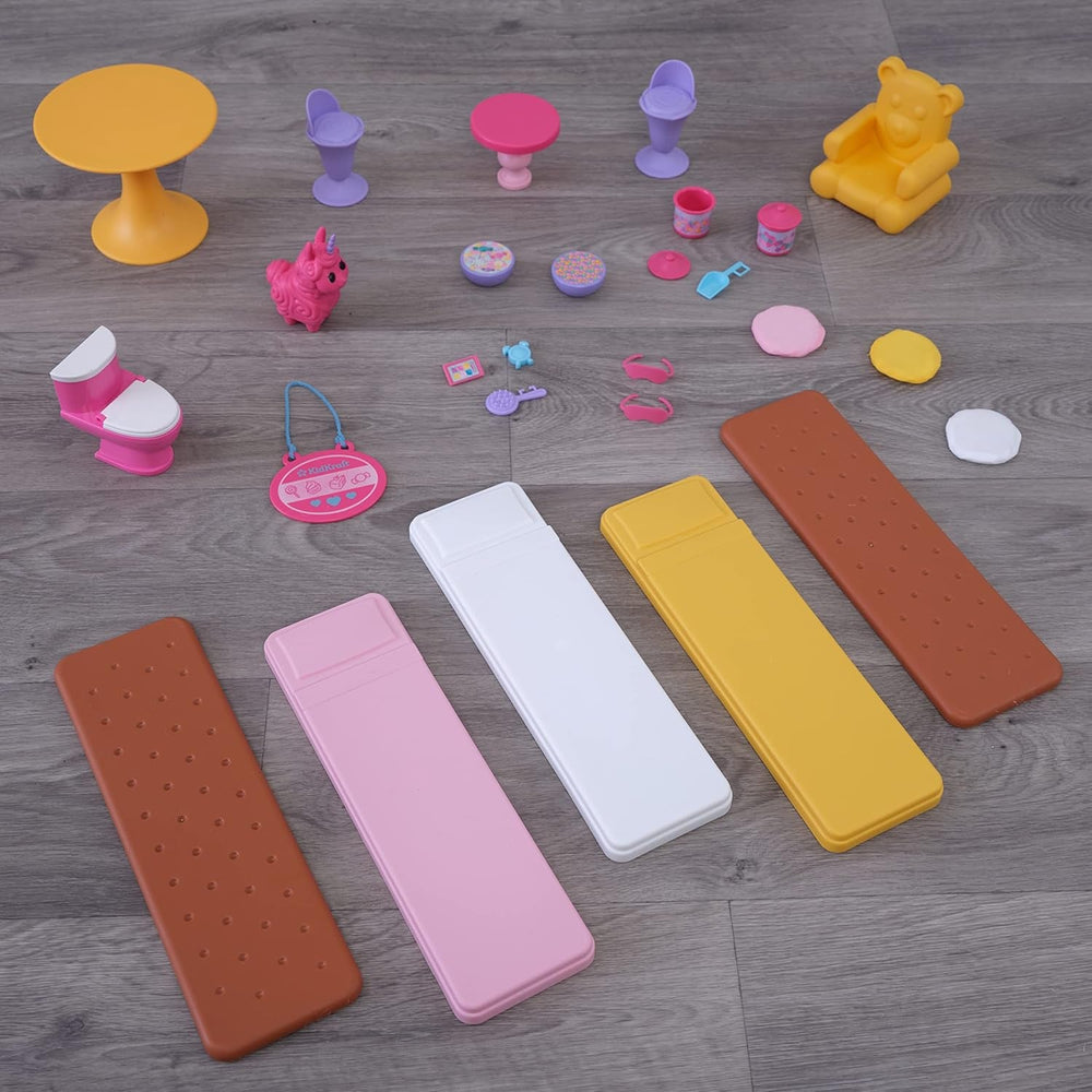 KidKraft Casă de păpuși din lemn, Castel cu bomboane, cu mobilier și accesorii, Casă cu figurină lamă unicorn, lift cornet de înghețată și scaun ursuleț gumat pentru păpuși, Jucărie pentru copii de la 3 ani în sus, 20242