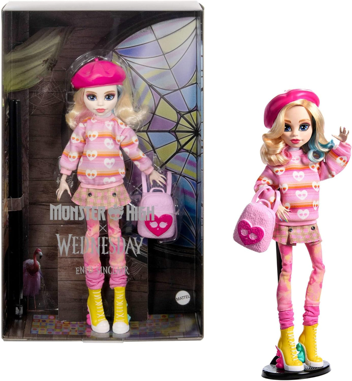 Poupée Monster High Wednesday et accessoires, figurine de collection Enid Sinclair rose avec béret et sac à dos, support de poupée HXJ05