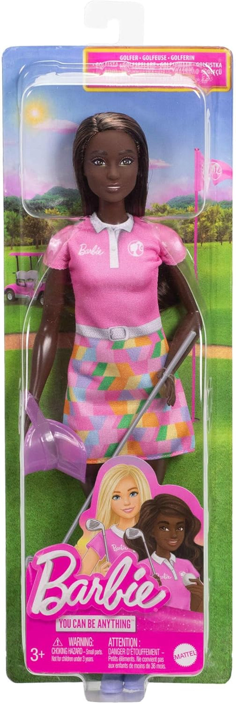 Poupée Barbie Golfeuse Brune en Robe Polo Rose Amovible, Uniforme de Golf, Comprend Chapeau et Accessoires de Club de Golf, JCR69
