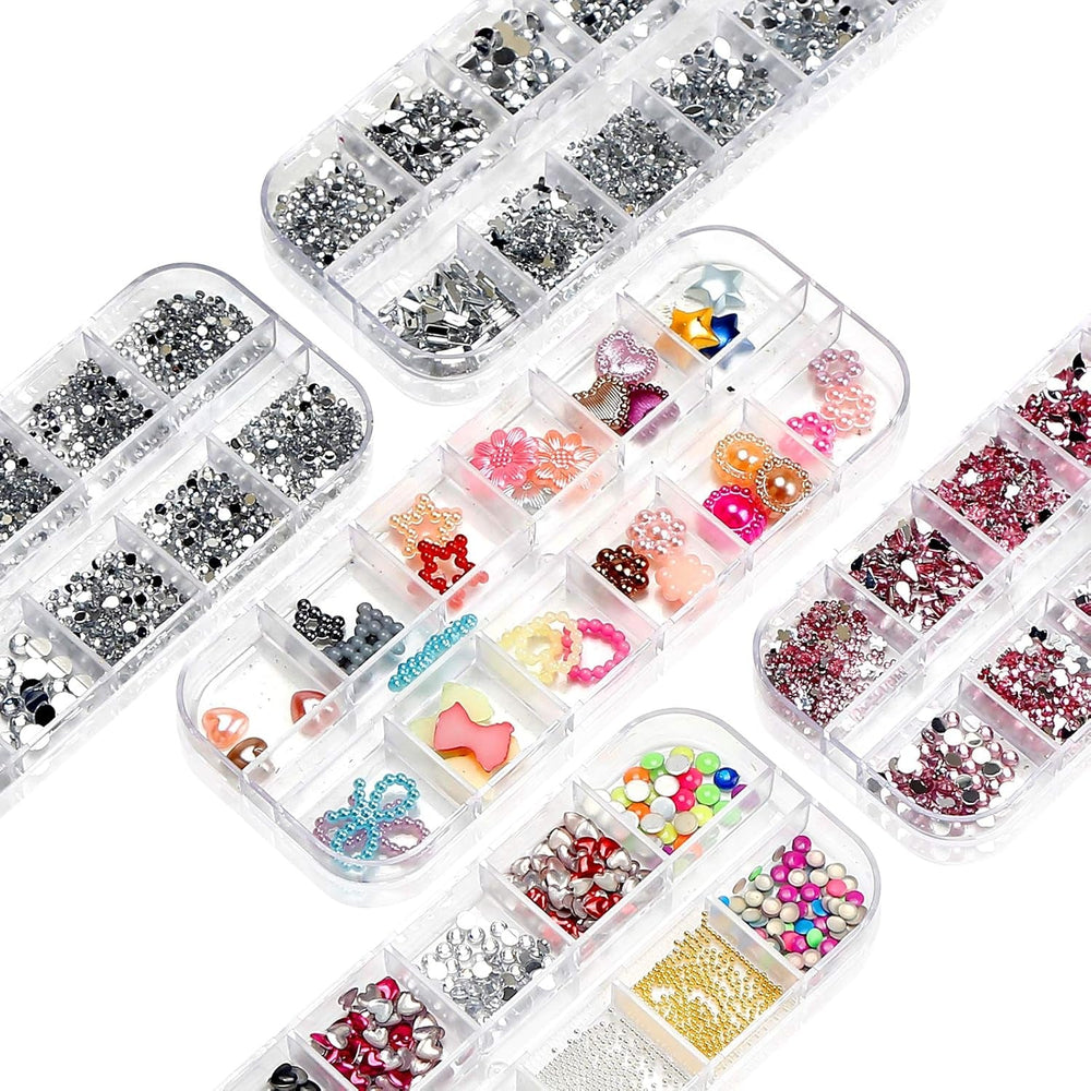 Kit de 10 boîtes de strass pour ongles, accessoires multifonctionnels avec 1 pince à épiler, diamants décoratifs, cristaux, perles, pierres précieuses, colorés, mélangés, yeux de cheval, pierres métalliques, pour décorations DIY Nail Art