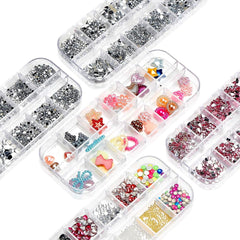 Kit de 10 boîtes de strass pour ongles, accessoires multifonctionnels avec 1 pince à épiler, diamants décoratifs, cristaux, perles, pierres précieuses, colorés, mélangés, yeux de cheval, pierres métalliques, pour décorations DIY Nail Art