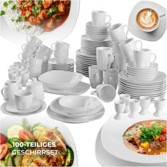 Service de table tectake® pour 12 personnes, service de table en porcelaine de 100 pièces, comprenant 12 assiettes, 12 assiettes à dessert, 12 assiettes plates, 12 tasses, 12 bols à céréales, un saladier, un pot à lait, un sucrier