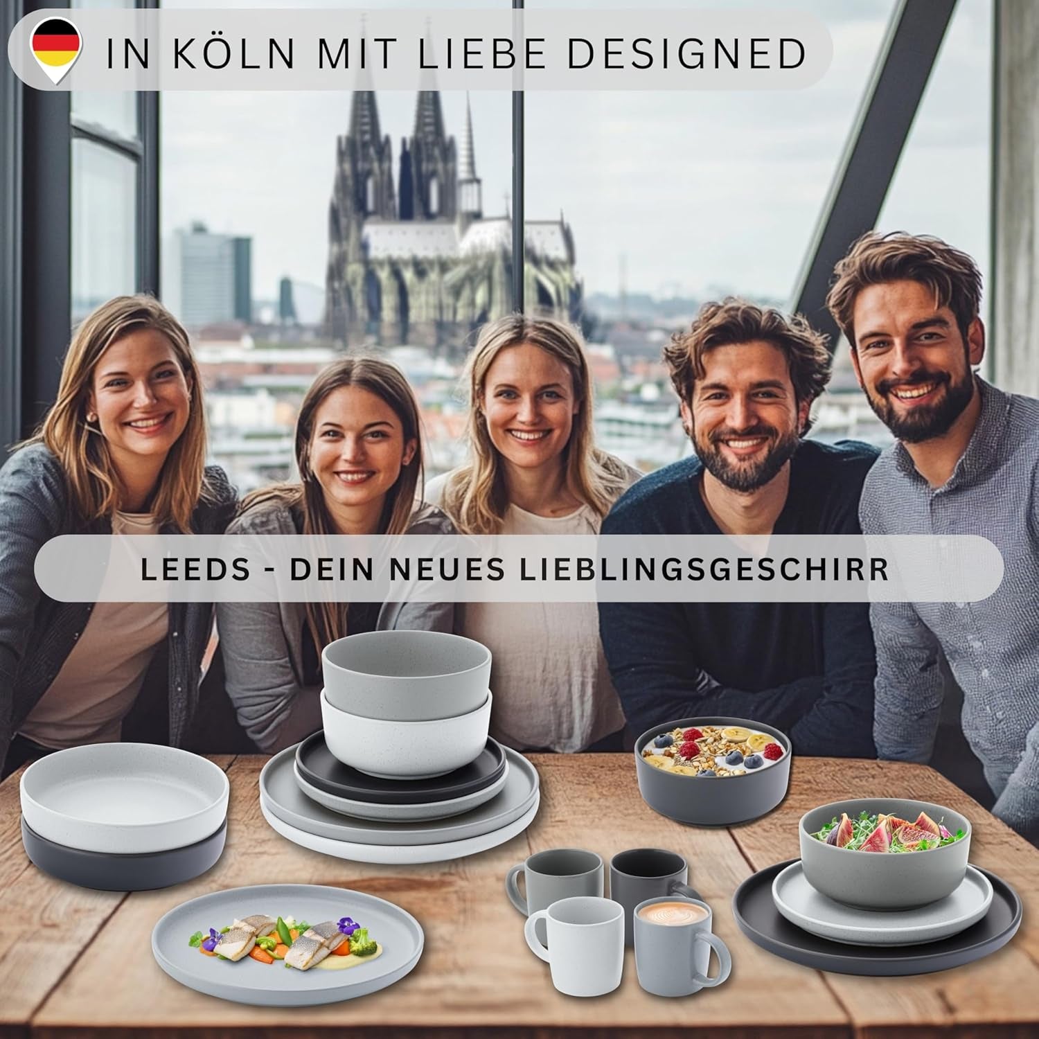 SÄNGER Leeds | Service de table en grès 12 pièces, service d'assiettes pour 4 personnes (4 assiettes plates, 4 assiettes à dessert, 4 bols), vaisselle colorée résistante aux rayures | LA COLLECTION VALEUR