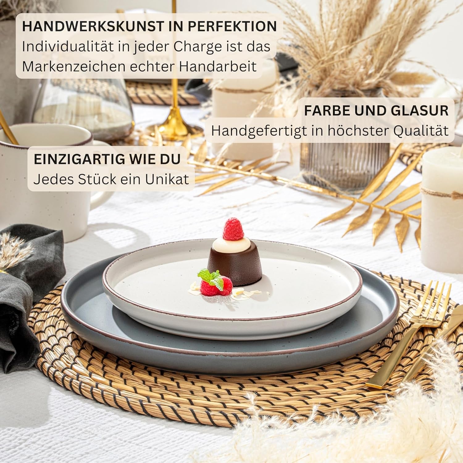 SÄNGER Bombay Clair de Lune | Service de table en céramique 12 pièces pour 4 personnes, 4 assiettes plates, 4 assiettes à dessert, 4 bols, couleurs assorties | LA COLLECTION VALEUR