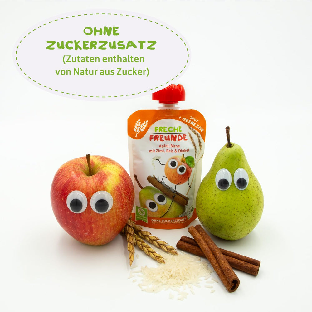 FRECHE FREUNDE Sachet de fruits à presser biologique pomme cannelle poire riz épeautre purée de fruits avec céréales pour bébés de 6 mois et plus végétaliens 6 paquets (6 x 100 g)