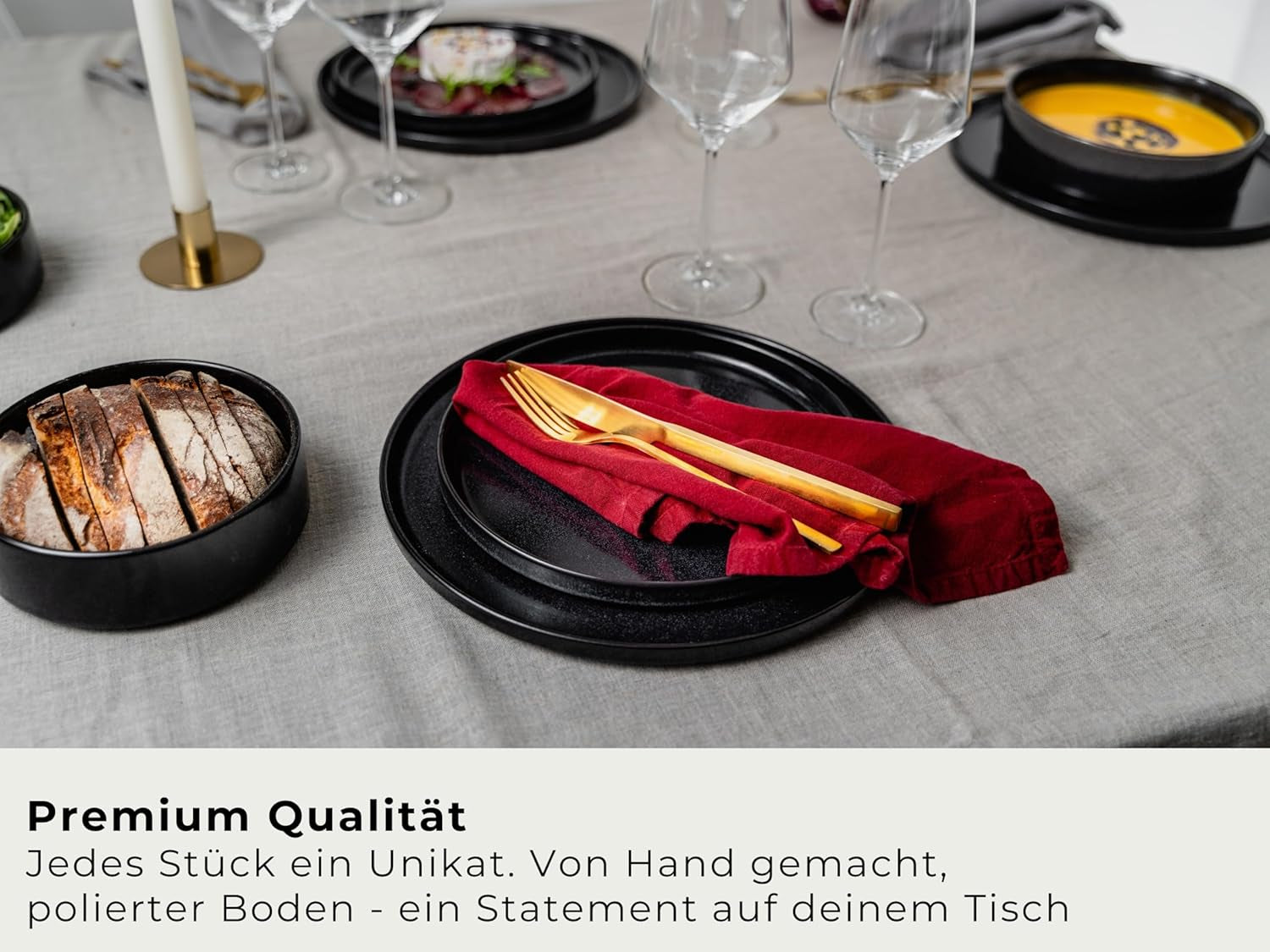 Ensemble de bols et assiettes en grès noir [12 pièces pour 4 personnes] Ensemble de vaisselle noir 100 % fait main avec glaçage réactif de qualité supérieure