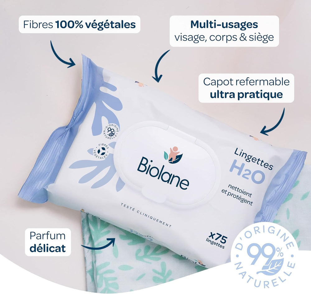 BIOLANE - Lingettes humides bébé à l'eau - 225 lingettes - 3 x 75 pièces - Nettoyage doux et efficace - Dès la naissance - Qualité française