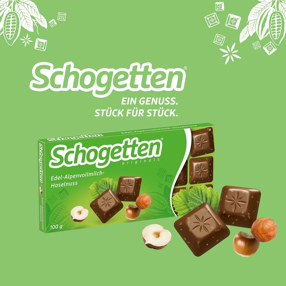 Schogetten Premium Chocolat au lait alpin aux noisettes, barre de chocolat de 100 g, en portions individuelles. Un délice. Pièce par pièce.