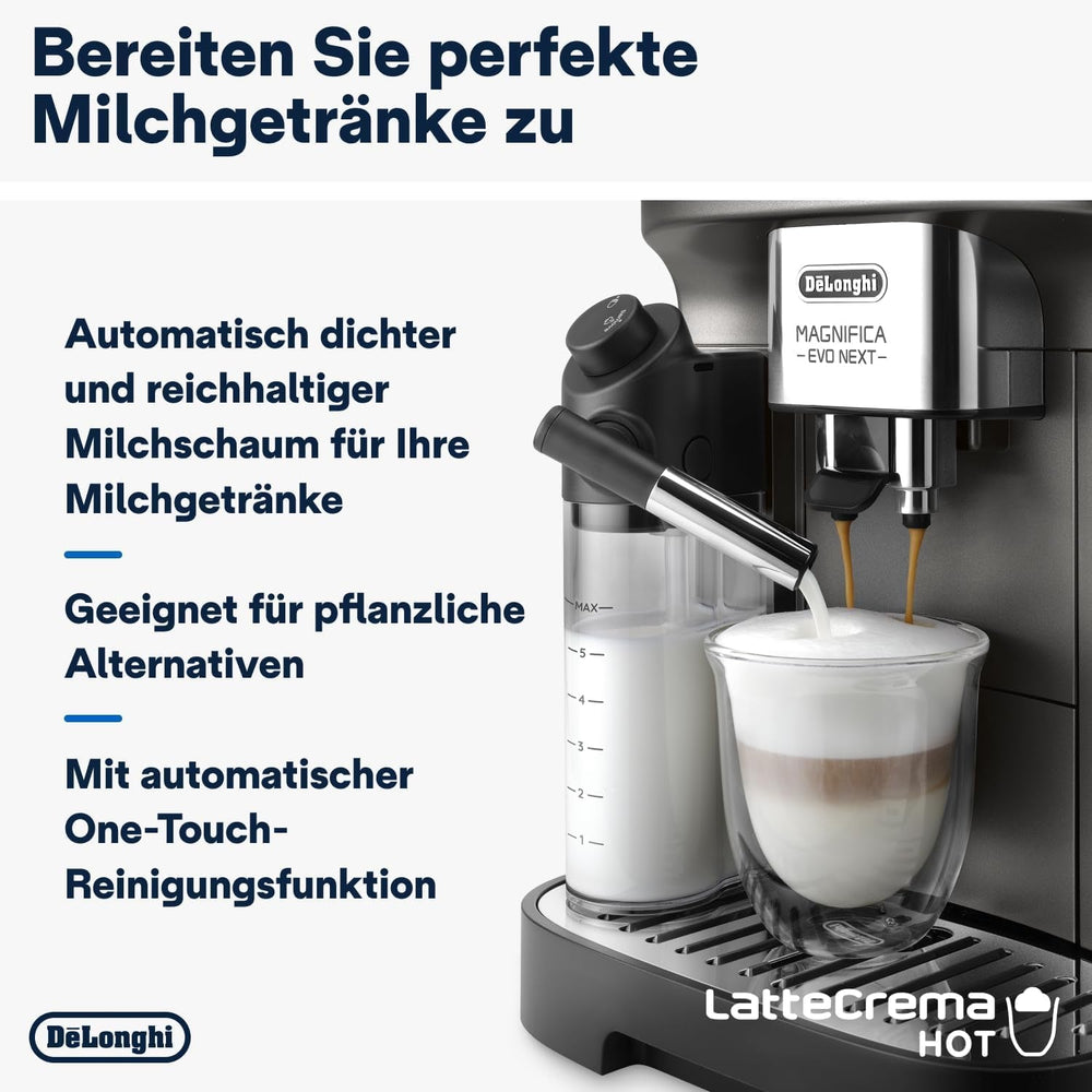 De'Longhi Magnifica Evo Next - Perfetto Espressor complet automat cu spumator de lapte LatteCrema, 13 băuturi cu o singură atingere, aparat de cafea și cappuccino, ecran tactil color, titan (ECAM312.80.TB)