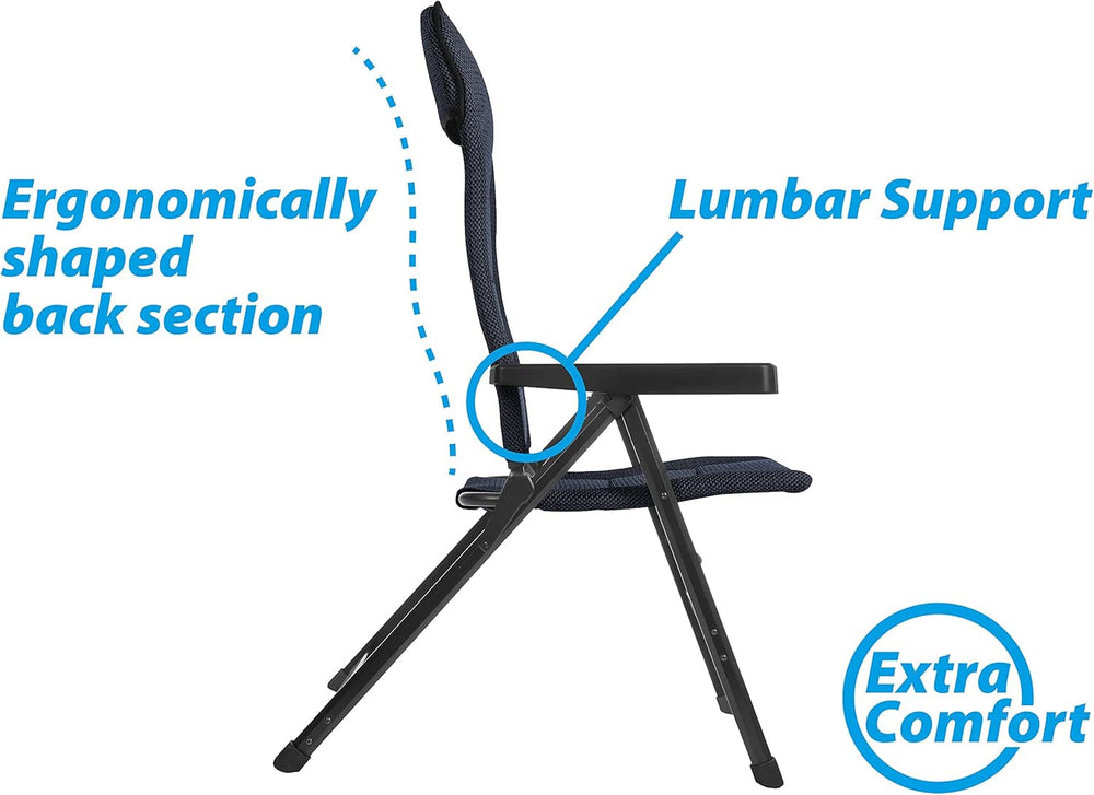 BRUNNER Rebel PRO (S-M-L) Chaise pliante pour camping, jardin, terrasse En aluminium, réglable sur 5 positions, capacité de charge jusqu'à 150 kg, dossier haut, noir ou bleu Coussins de voyage Naty Shop