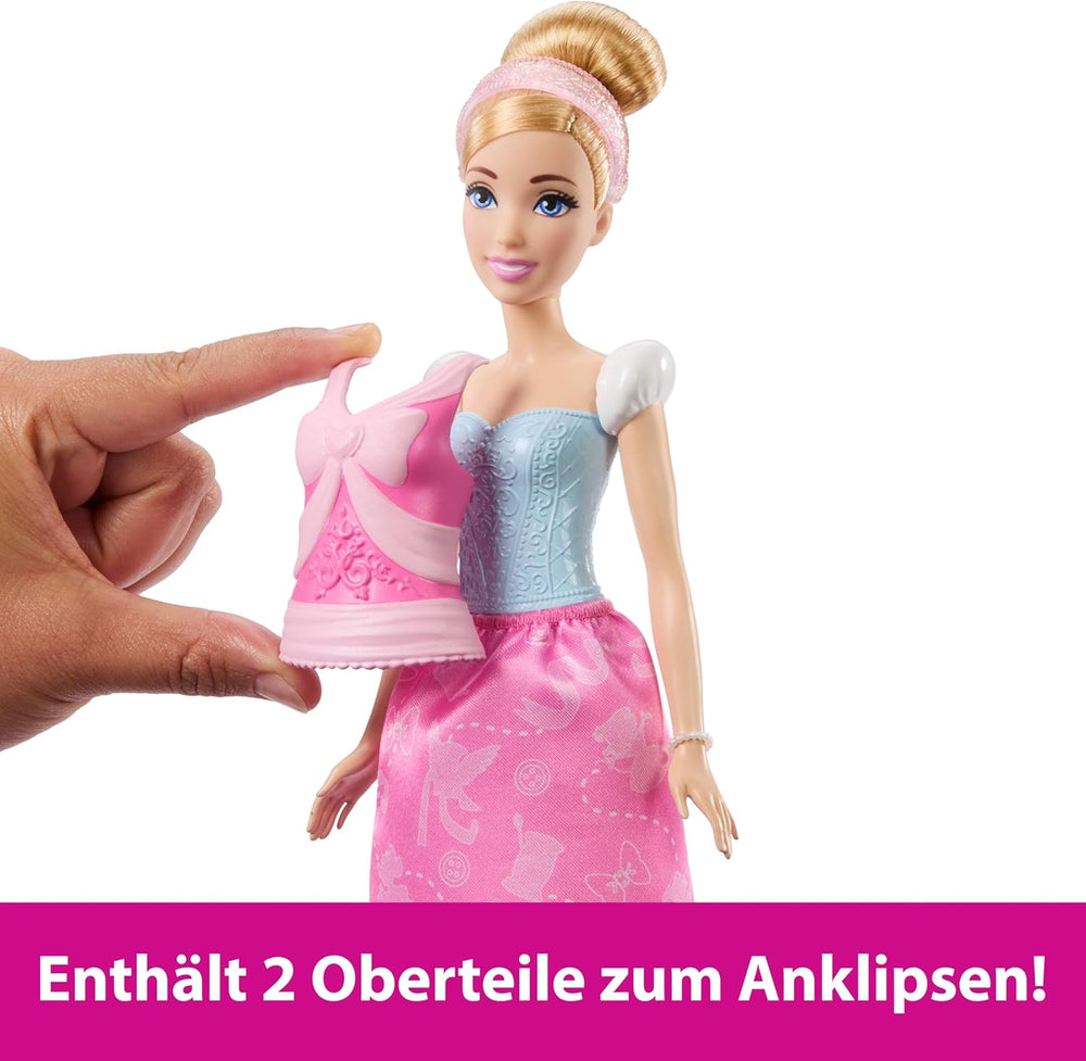 Mattel Disney-Princess-Spielzeuge, Cendrillon-Modepuppe avec 2 Looks, 9 Accessoires, 2 Oberteile zum Anklipsen et 2 Rocke. Jeux 2 en 1 inspirés du film Disney, JCR95