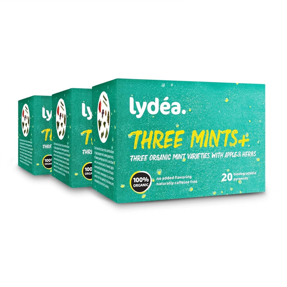 Lydea Three Mints+ Tisane biologique avec trois assortiments de menthe, pomme et herbes, 60 pyramides, lot de 3 [3 x 20 pyramides]