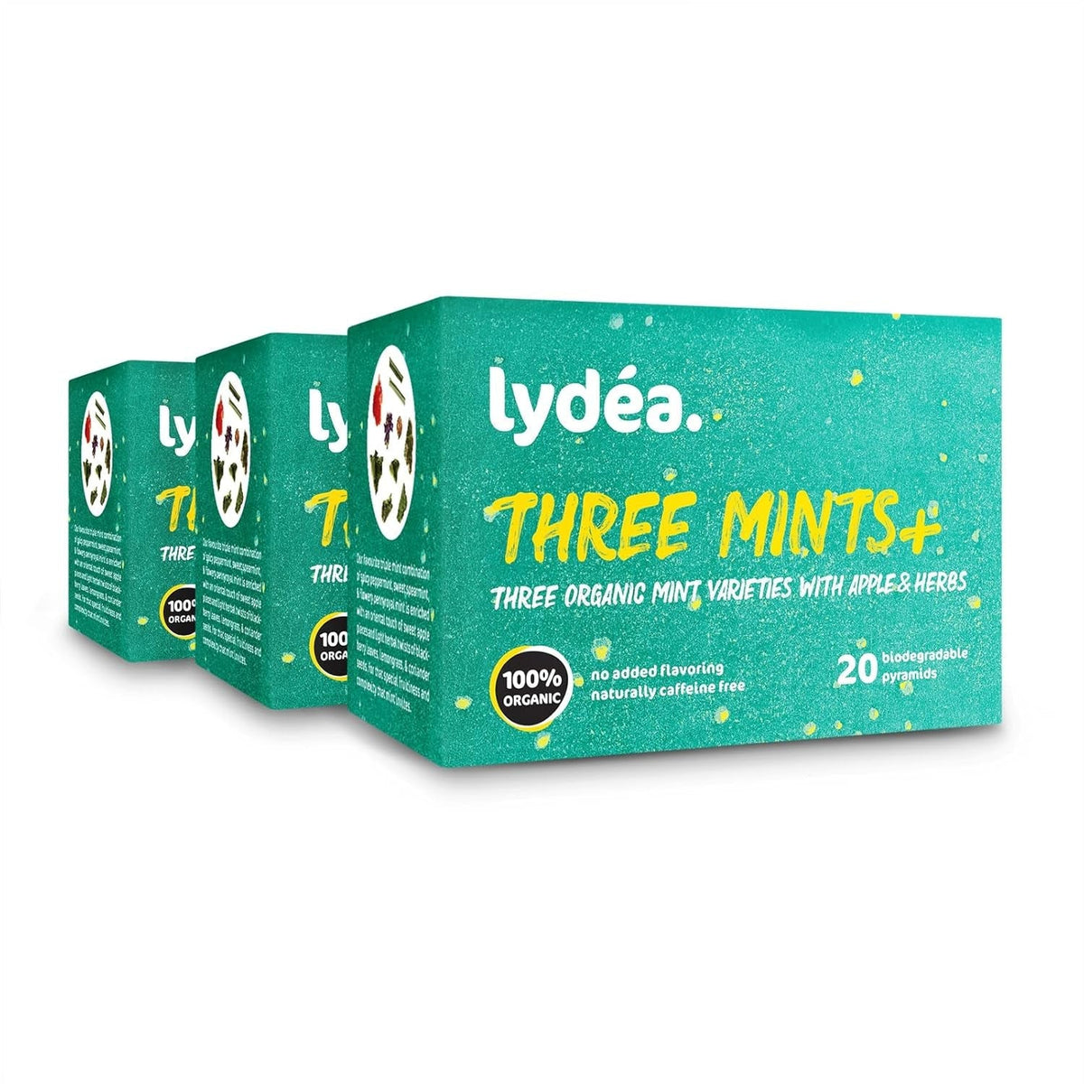 Lydea Three Mints+ Tisane biologique avec trois assortiments de menthe, pomme et herbes, 60 pyramides, lot de 3 [3 x 20 pyramides]