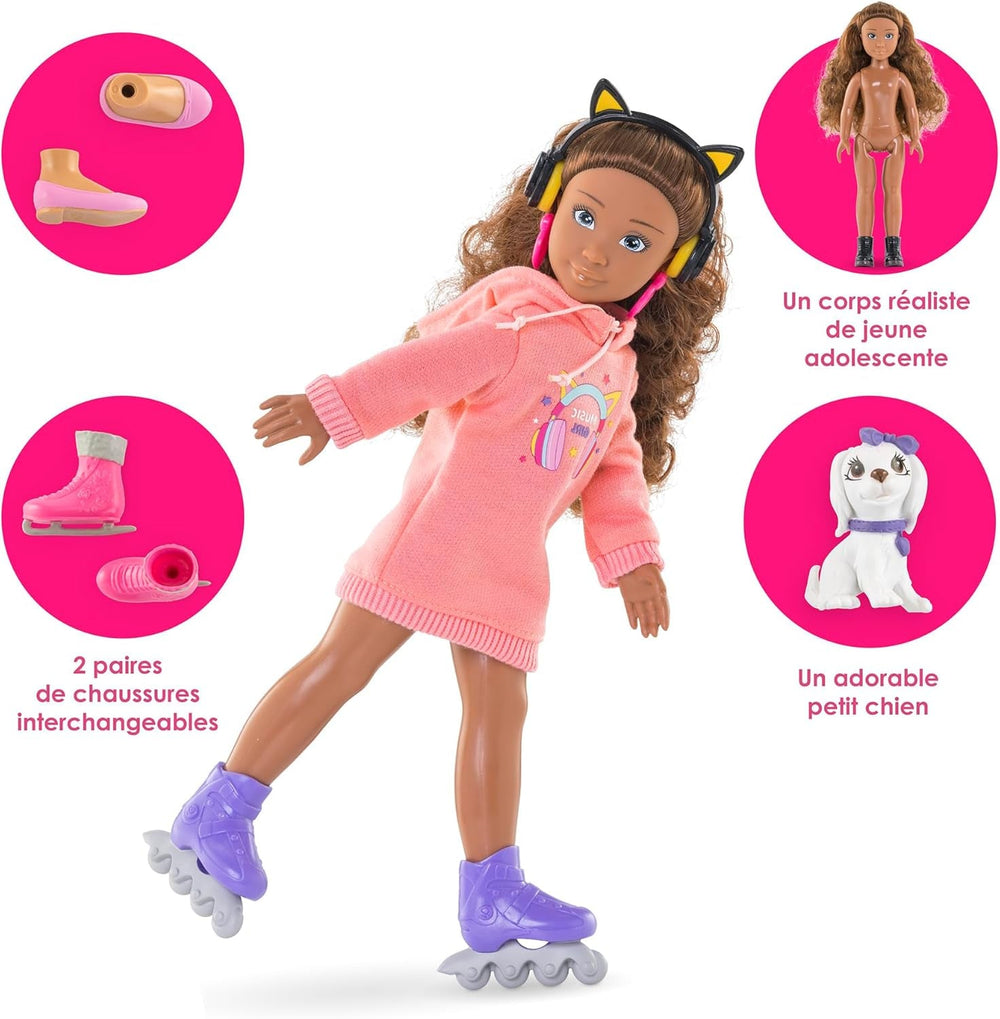 Corolle Girls Melody Music und Fashion Set, Ankleidepuppe im coolen Hoodiekleid mit Hund, trendy Kopfhörer, Ohrringe und extra Inlineskates, Vanilleduft, 28cm, ab 4 Jahren