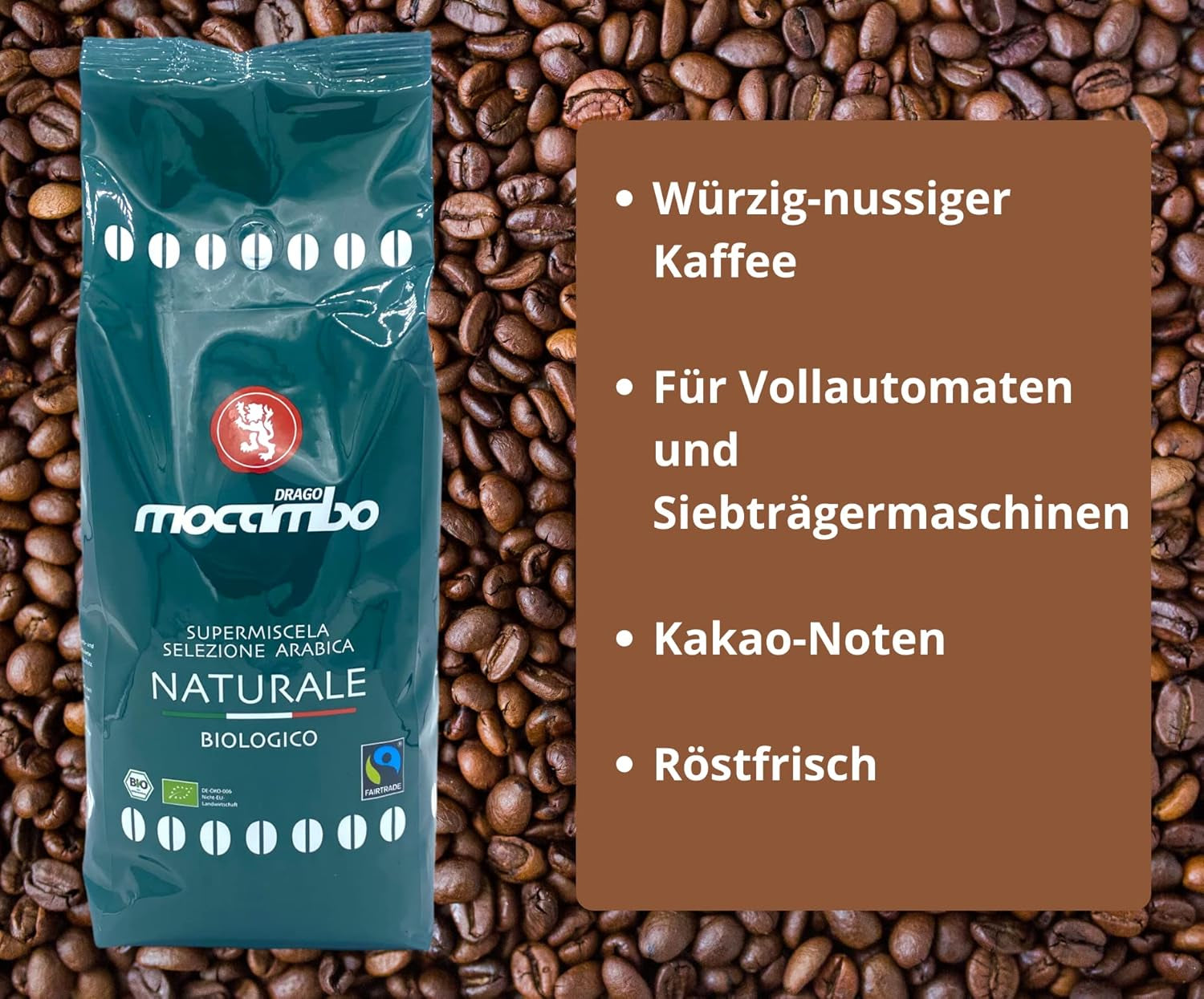 Mocambo Naturale Biologico Fairtrade Vert Foncé 1000g | 70 % Arabica, 30 % Robusta | Café épicé et noisette | DE-ÖKO-006