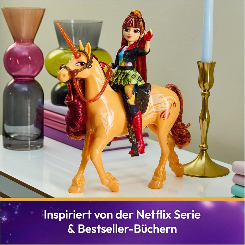 Unicorn Academy Cinder la Licorne - Licorne Valentina originale de 28 cm de haut de la série Netflix, avec une vraie crinière et une vraie queue, une bride, une selle et une brosse amovibles, pour les enfants à partir de 4 ans