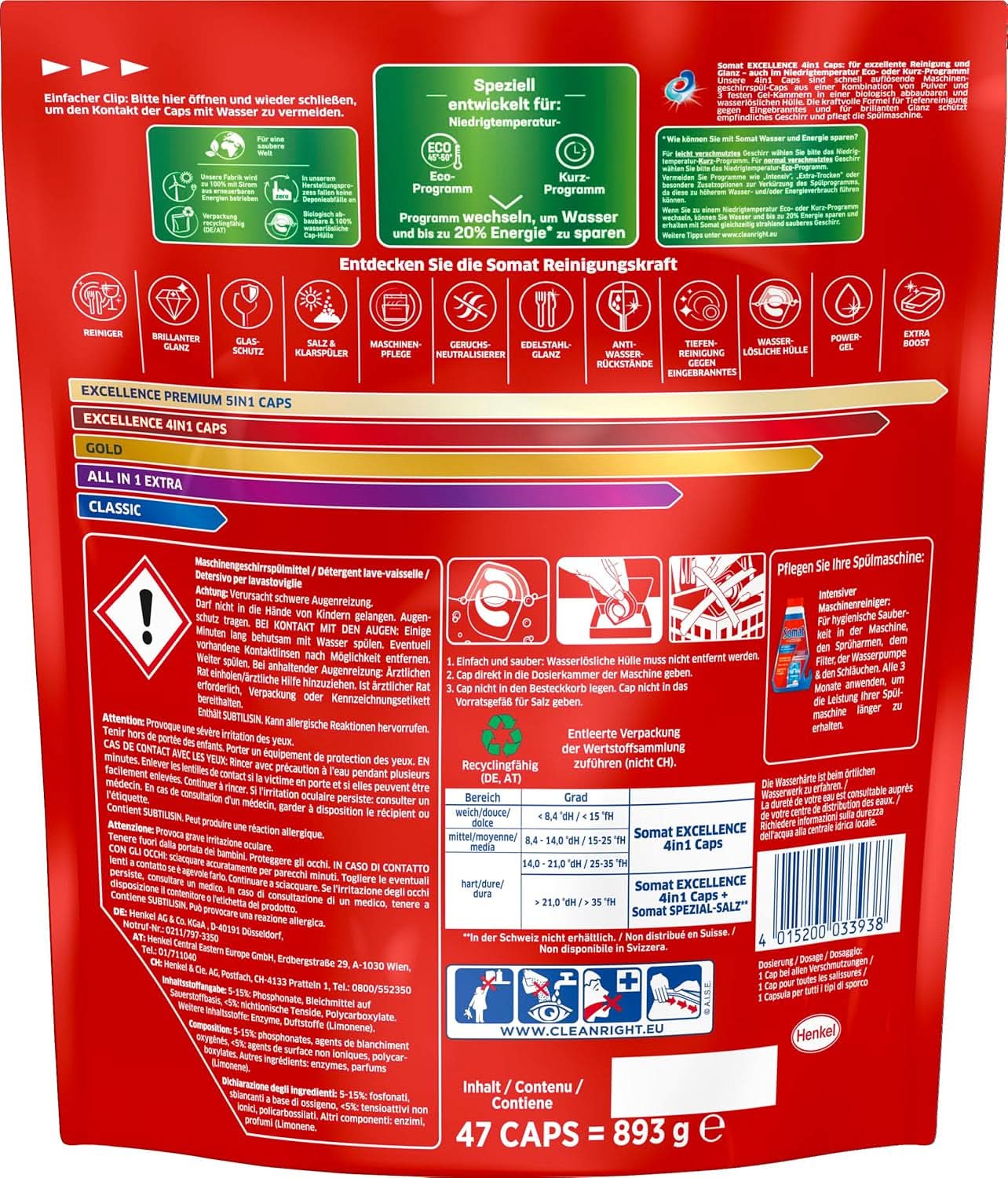 Somat Excellence 4In1 Caps (141 Caps), File pentru mașina de spălat vase cu dizolvare rapidă Detergenti Bucatarie Naty Shop