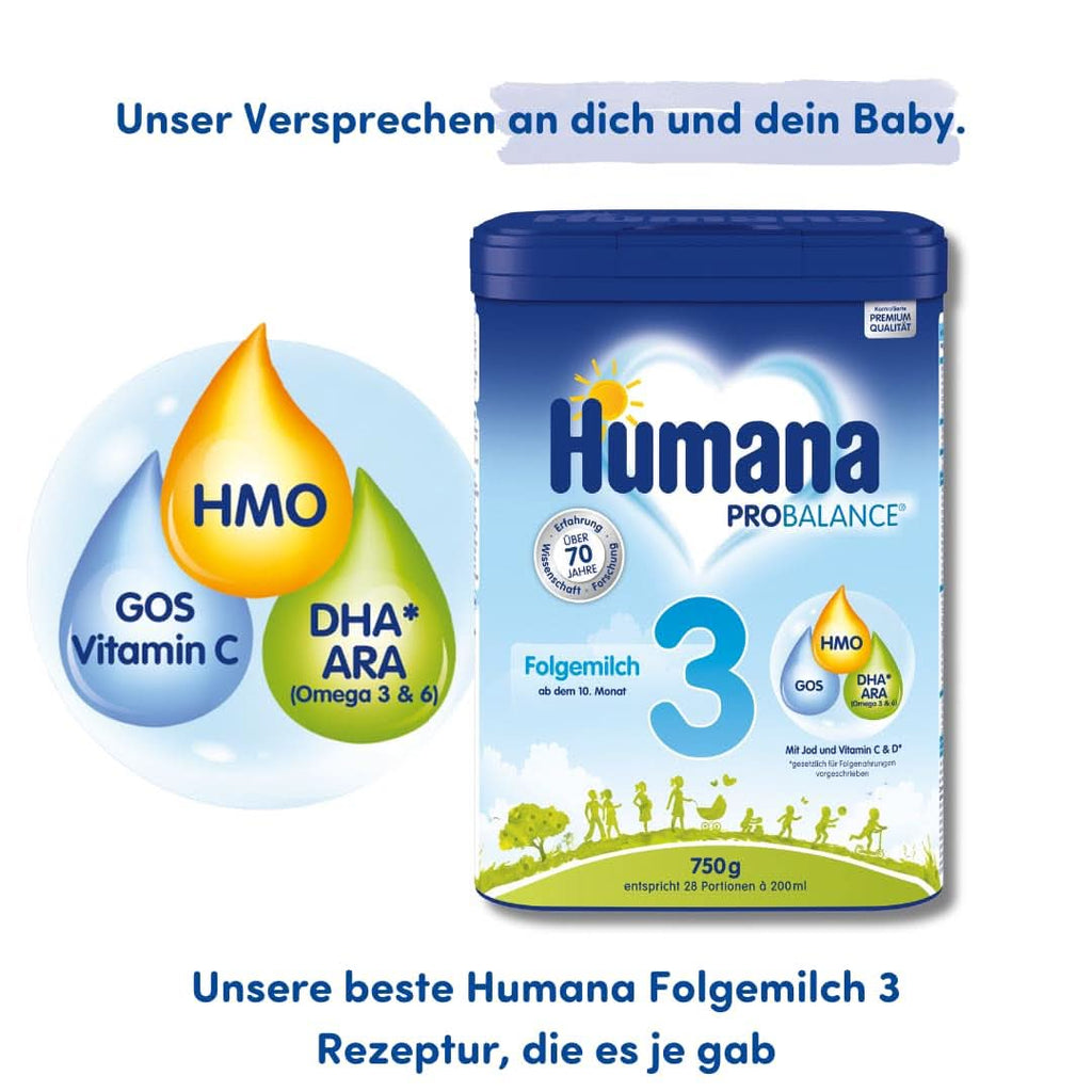 Humana PROBALANCE lapte de continuare 3, din luna a 10-a, hrana pentru bebelusi dupa alaptare, hrana initiala sau lapte de continuare 2, ideal pentru alimentatie suplimentara, 750 g Mama si Copilul Naty Shop