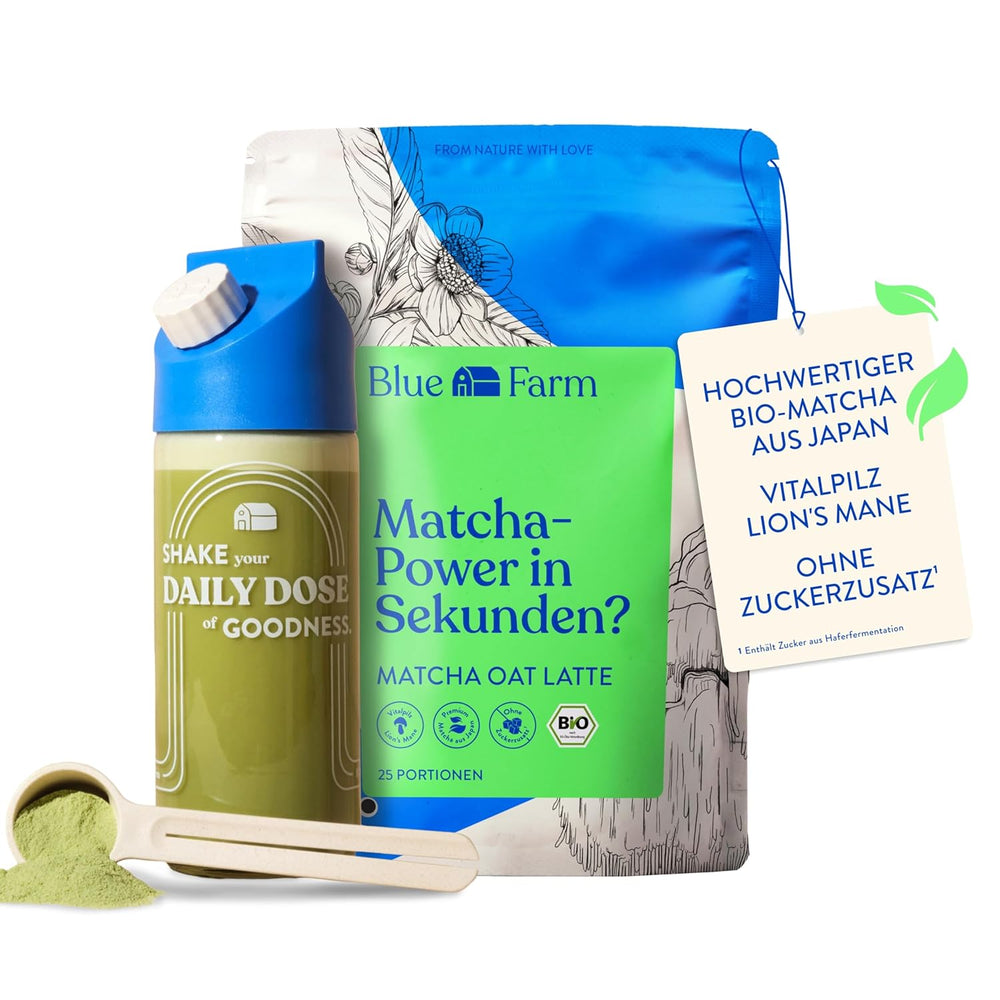 Blue Farm Bio Matcha Oat Latte auf Haferbasis ohne Zuckerzusatz - Mit dem Vitalpilz Lion's Mane - Vegan - sans lactose et sans gluten (300 g, Matcha)