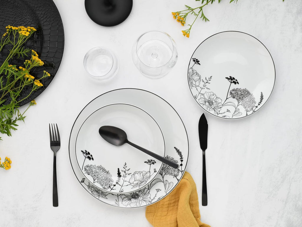 Creatable, 22673, Serie Luna Black Flower, 18-Teiliges Geschirrset Für 6 Personen, Teller Set Aus Porzellan, Spülmaschinen- Und Mikrowellengeeignet, Qualitätsproduktion Seturi vesela masa Naty Shop
