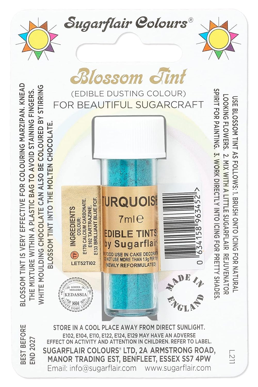 Colorant alimentar pudră Sugarflair Blossom Tint Dusting Turcoaz - Pudră de colorant alimentar pentru decorarea pastei de zahăr colorate, fondantului, glazurii, ciocolatei, cremei de unt, macaroanelor - 7ml
