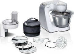Machine à cuisiner Serie 4 MUM58210, Edelstahl-Schüssel 3,9 L, Planetenrührwerk, Patisserie-Set Aus Edelstahl, Knethaken, Schlagbesen, Rührbesen, Durchlaufschnitzler, 3 Scheiben, 1000 W, Weiß/Silber Mother and Child Naty Shop