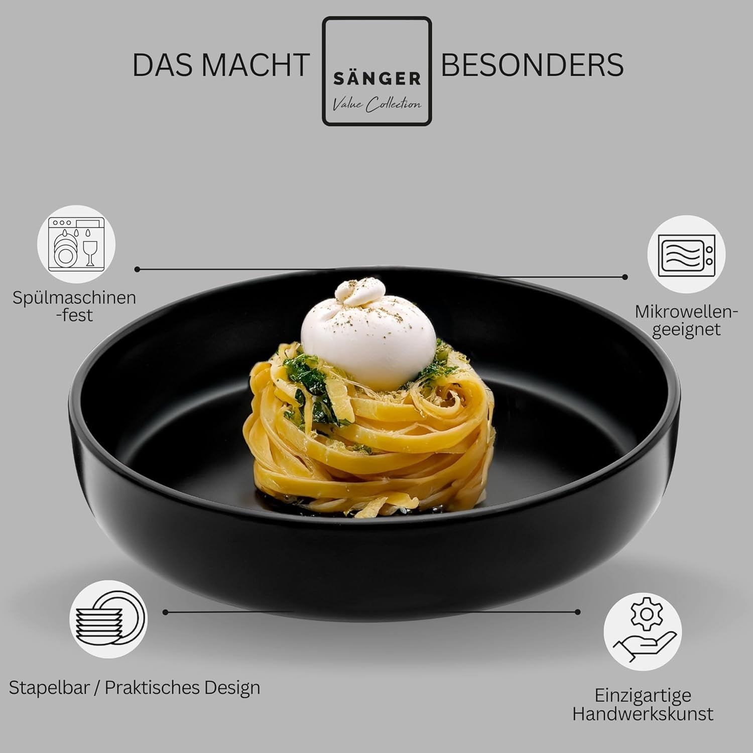 SÄNGER Madère | Service de table combiné 24 pièces, service de table en grès pour 6 personnes, 6 assiettes plates, 6 assiettes de petit-déjeuner, 6 assiettes plates, 6 bols à pâtes, ensemble de vaisselle et de bols, noir mat | LA COLLECTION VALEUR