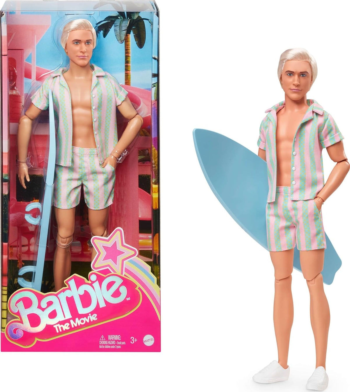 Barbie Movie Ken Barbie Doll en vêtements de plage rayés rose pastel et vert, planche de surf et baskets blanches, JBJ54