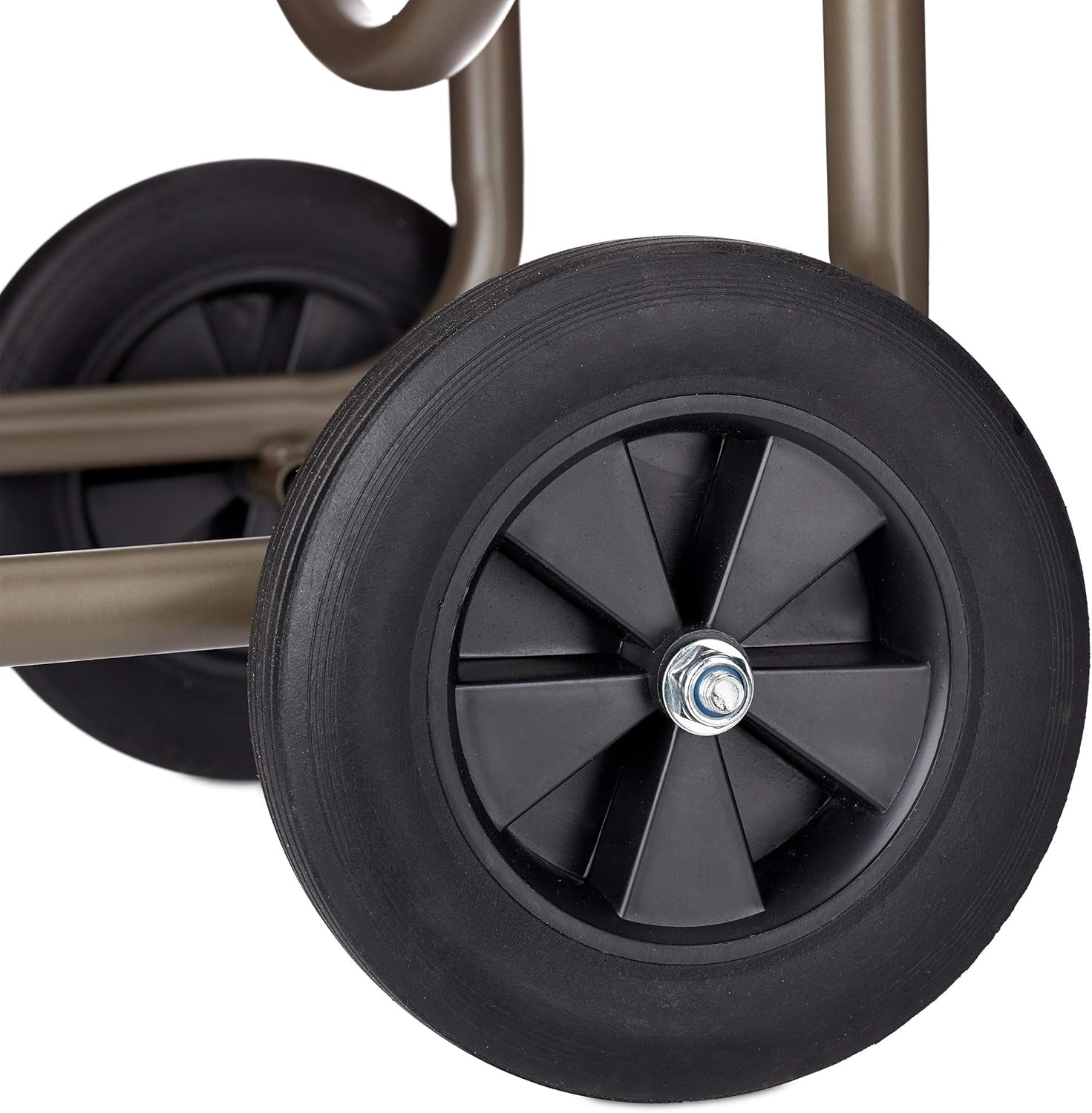 Dévidoir Relaxdays XL, enrouleur mobile, métal, pour tuyau 60 m, 4 roues, avec manivelle, rouleau 90°, marron