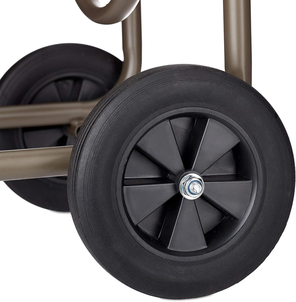 Cărucior furtun Relaxdays XL, rolă mobilă pentru furtun, metal, pentru furtun de 60 m, 4 roți, cu manivelă, derulare la 90°, maro