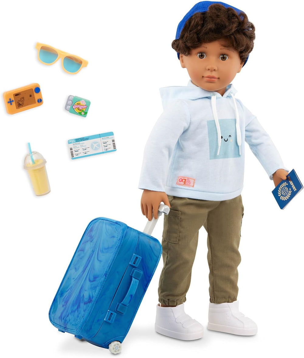Our Generation - Milo - Poupée garçon de 46 cm - Yeux marron réalistes et cheveux bruns bouclés - Bagages à roulettes et accessoires de voyage - Jeu de simulation - Jouet pour 3 ans et plus
